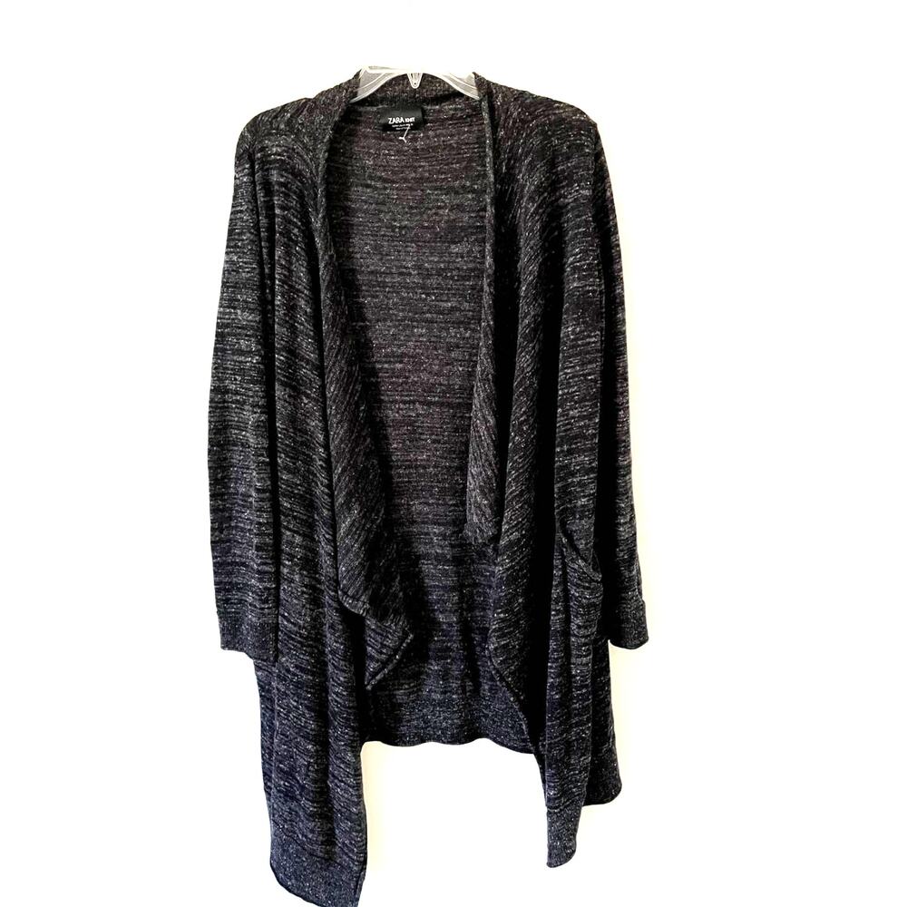 ZARA Open Front Long Linen Cardigan Black White Size Medium